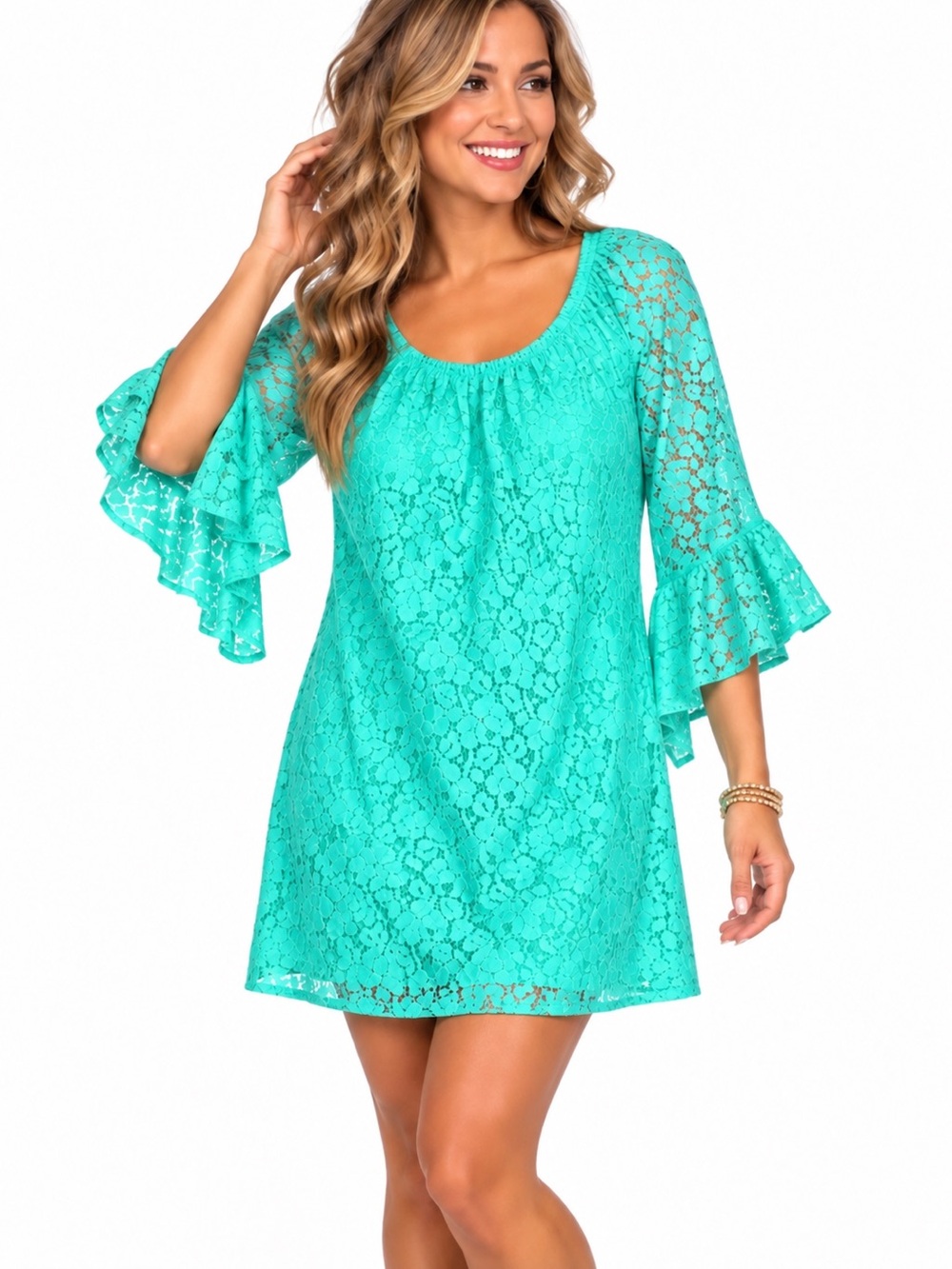 VOLL Style Turquoise Floral Lace Bell Sleeve Off Shoulder Mini Dress